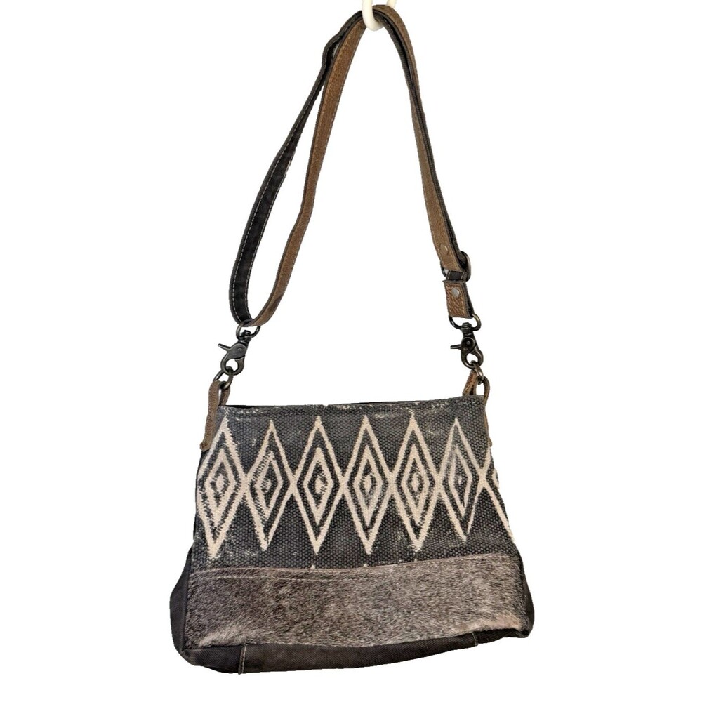 Myra Bag Upcycled Crossbody Diamond Geometric Fur Leather EUC